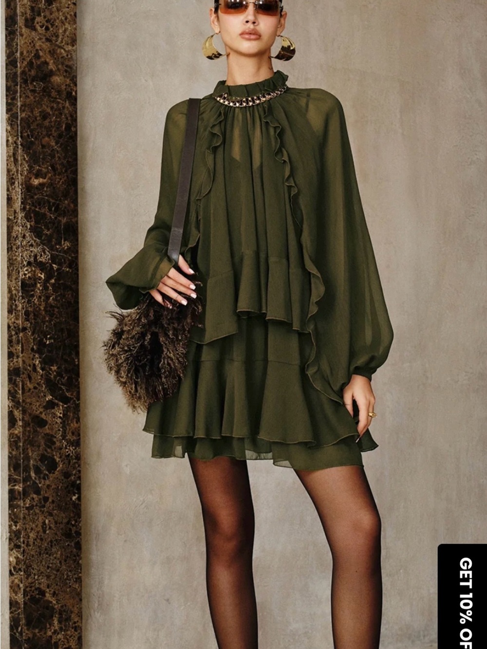 Commense Tiered Ruffle Chiffon Mini Dress Set with Liner Olive Green NWT